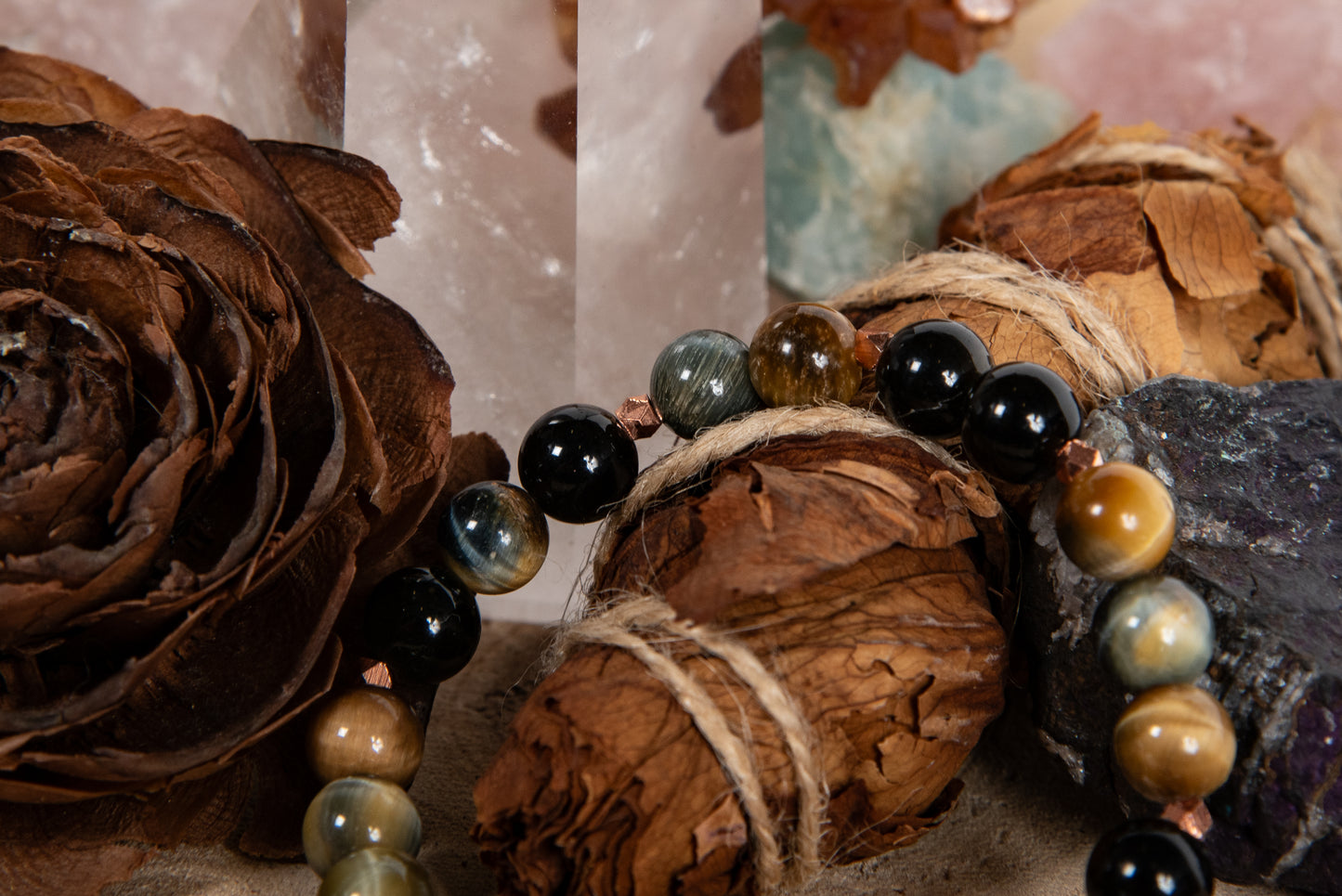 Bracciale perle 8 mm occhio di tigre dorato, occhio di falco, onice, rame