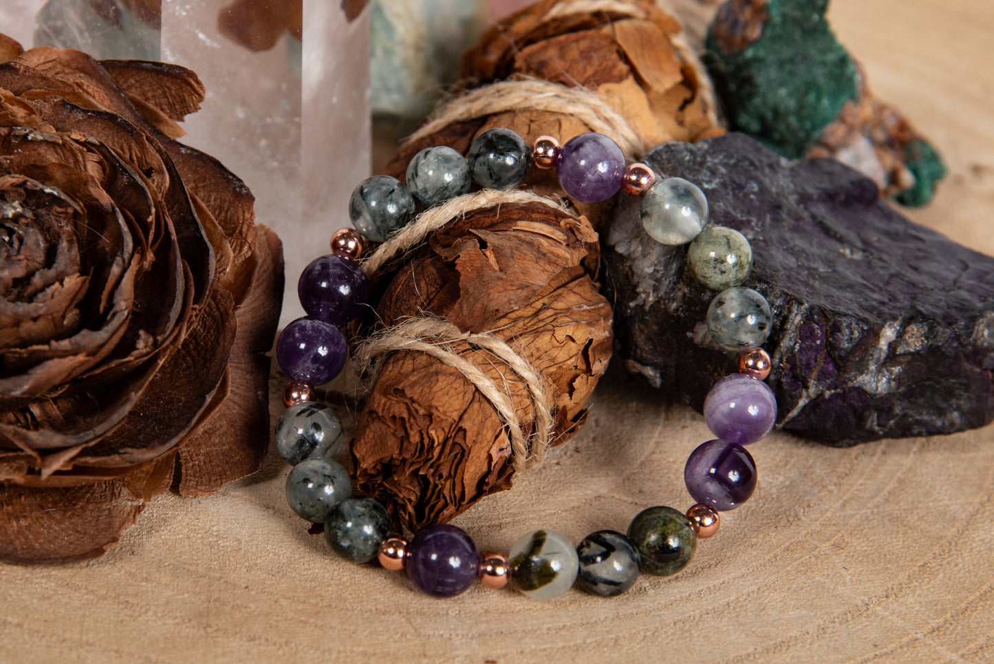 Bracciale perle 8 mm, ametista, prehnite, rame