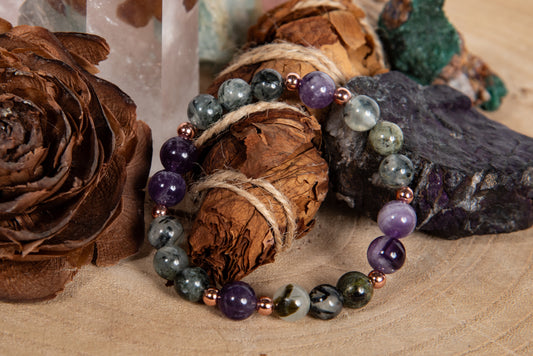 Bracciale perle 8 mm, ametista, prehnite, rame