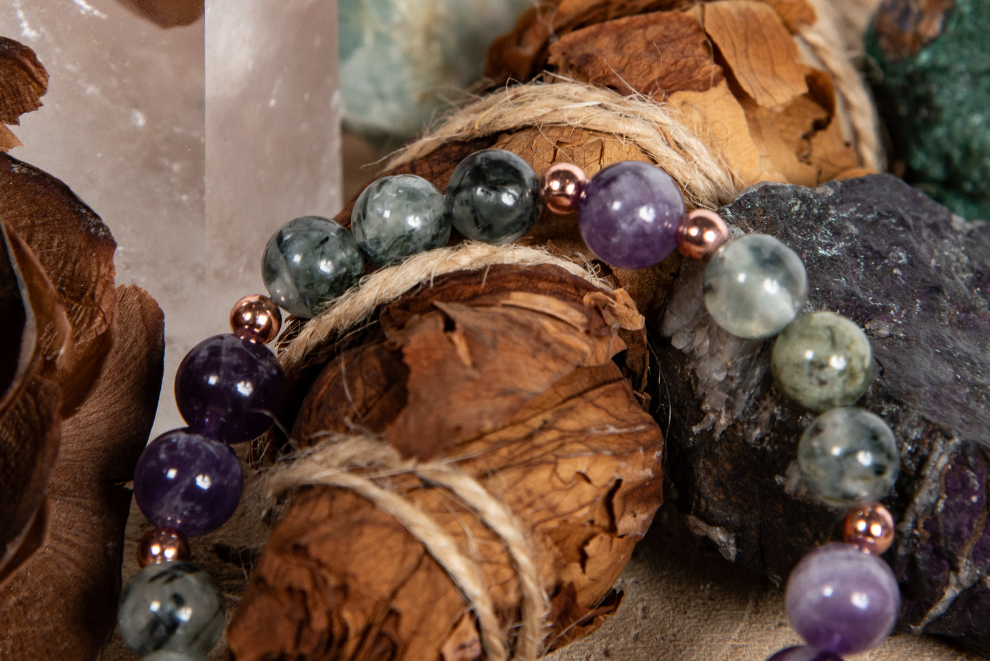 Bracciale perle 8 mm, ametista, prehnite, rame