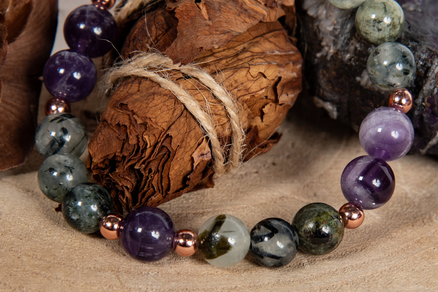 Bracciale perle 8 mm, ametista, prehnite, rame