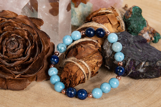 Bracciale perle 8 mm lapislazzuli, larimar, rame