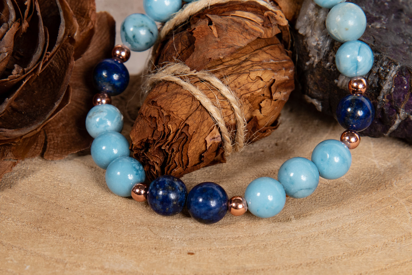 Bracciale perle 8 mm lapislazzuli, larimar, rame