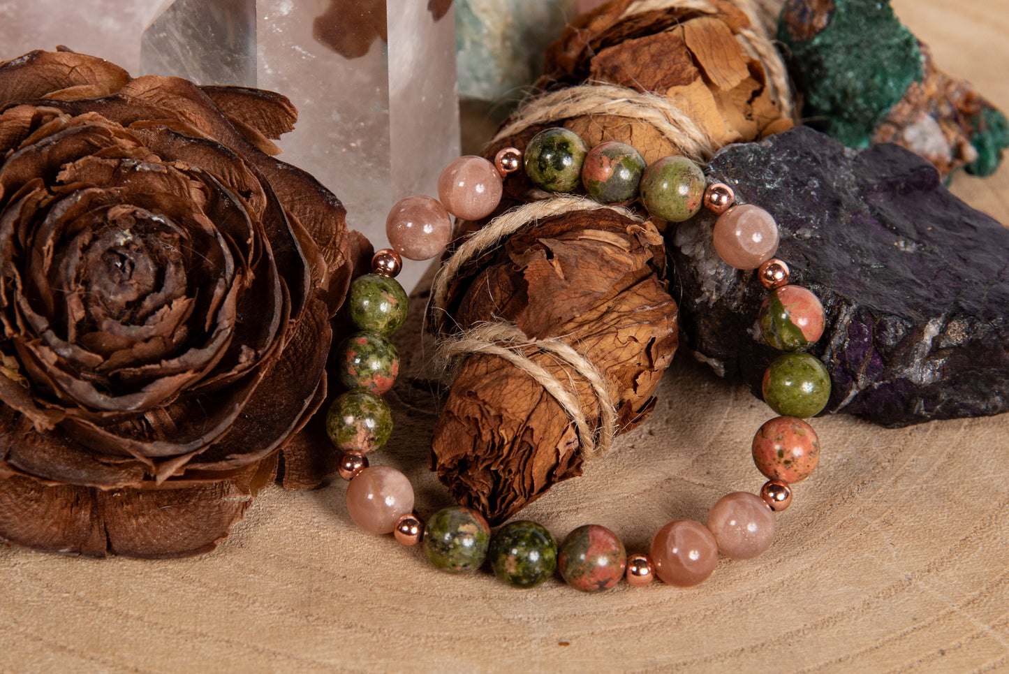 Bracciale perle 8 mm pietra di luna, unakite, rame