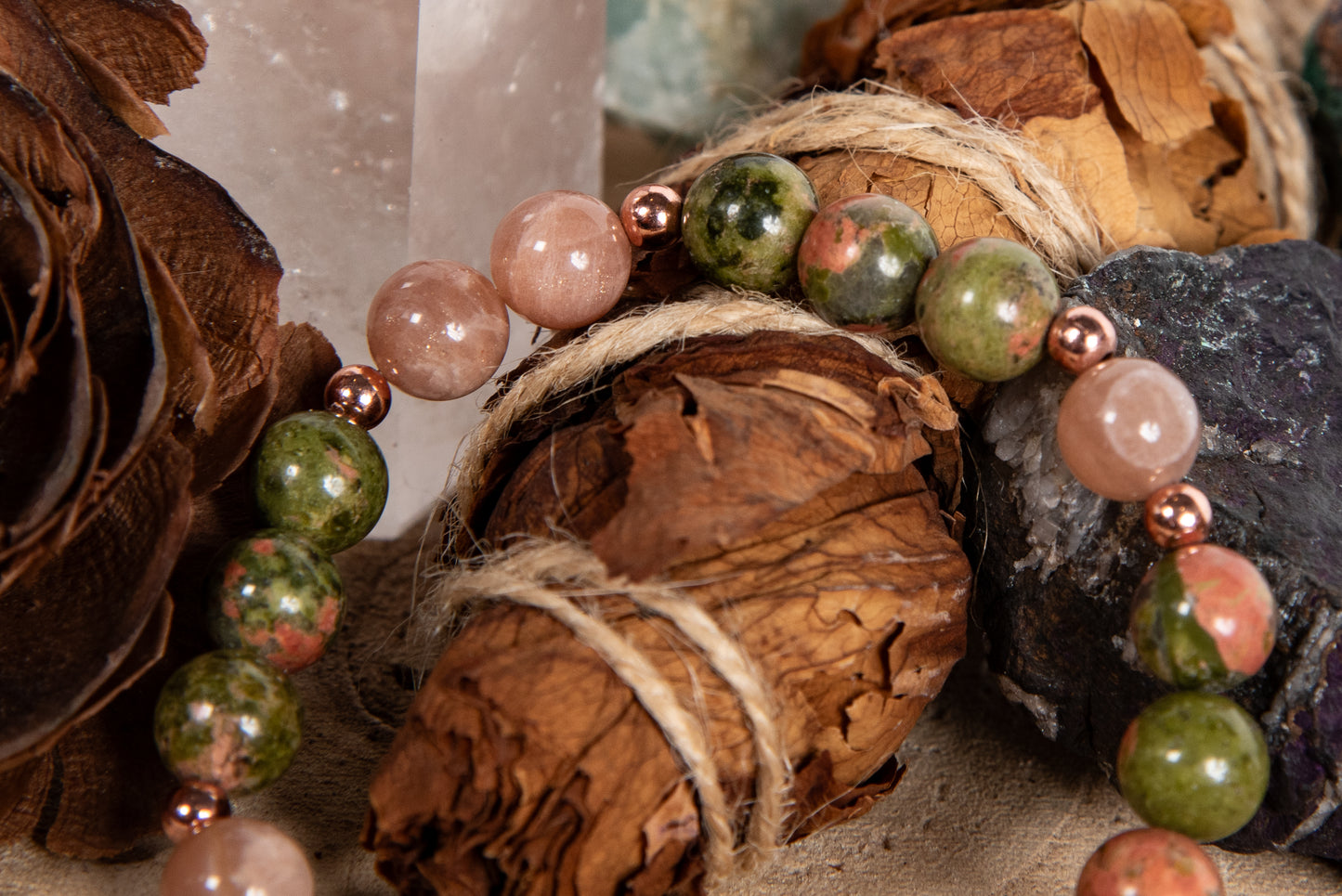 Bracciale perle 8 mm pietra di luna, unakite, rame