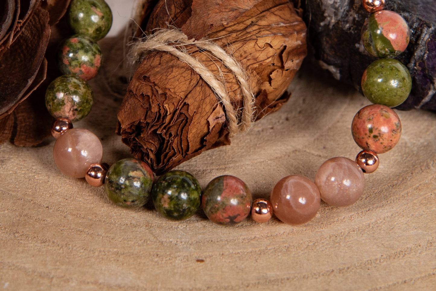 Bracciale perle 8 mm pietra di luna, unakite, rame