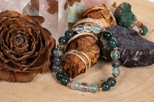 Bracciale perle 8 mm fluorite, agata muschiata, rame