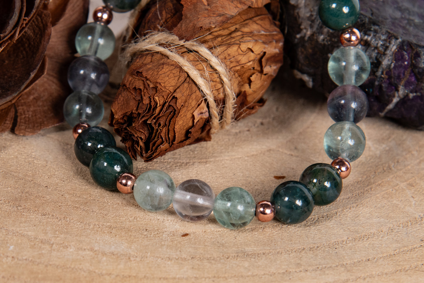 Bracciale perle 8 mm fluorite, agata muschiata, rame