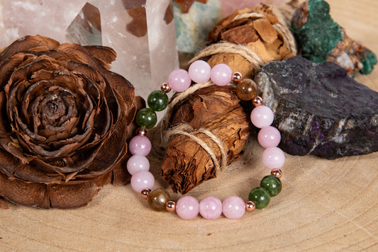 Bracciale perle 8 mm kunzite, tormalina naturale, rame