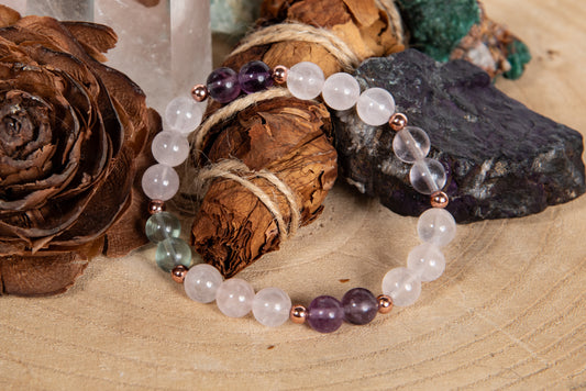 Bracciale perle 8 mm fluorite, quarzo rosa, ametista, rame