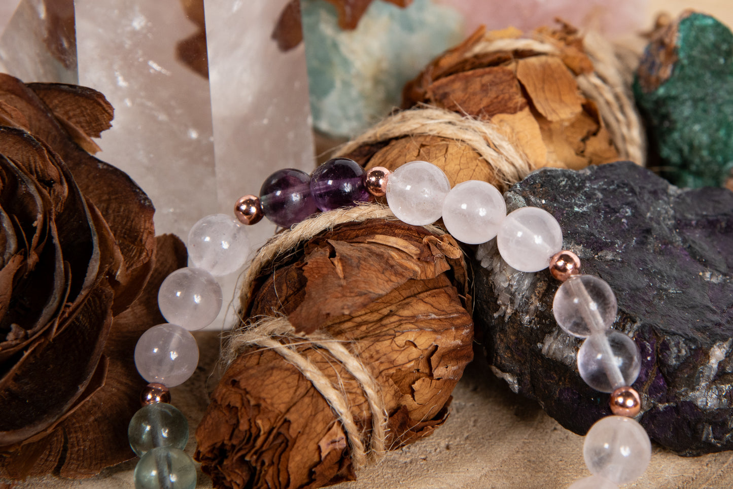 Bracciale perle 8 mm fluorite, quarzo rosa, ametista, rame