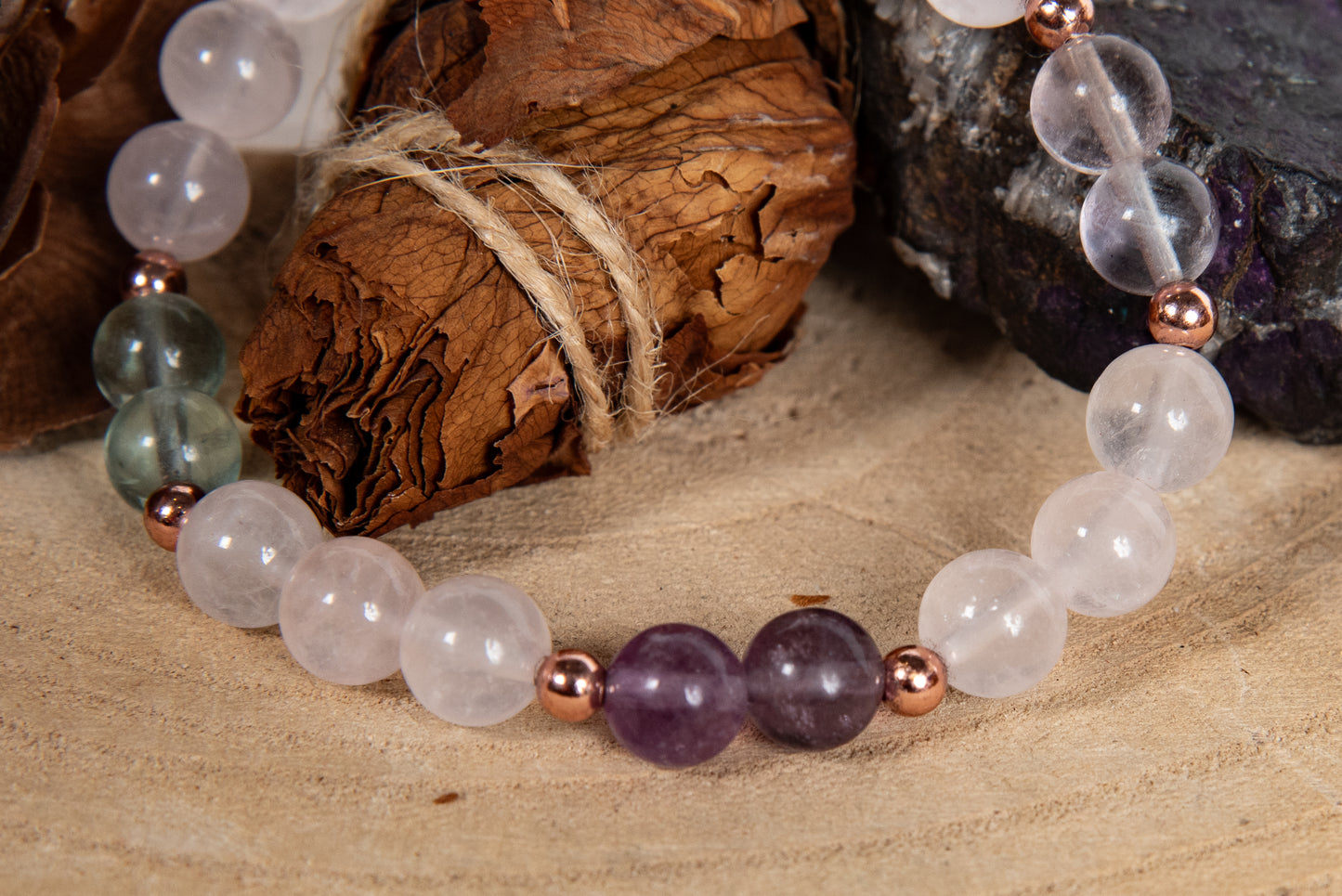 Bracciale perle 8 mm fluorite, quarzo rosa, ametista, rame