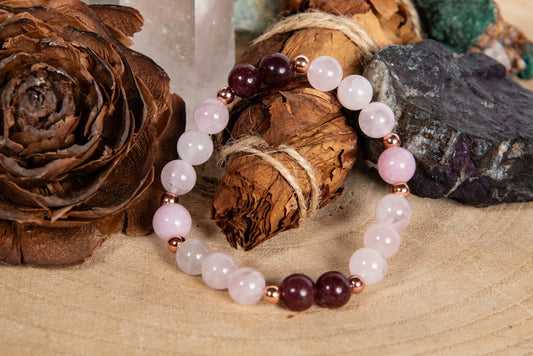 Bracciale perle 8 mm kunzite, quarzo rosa, granato almandino, rame