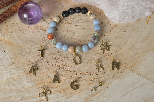 Diaspro multicolore, angelite, lava, placcato oro 14 Kt, charms