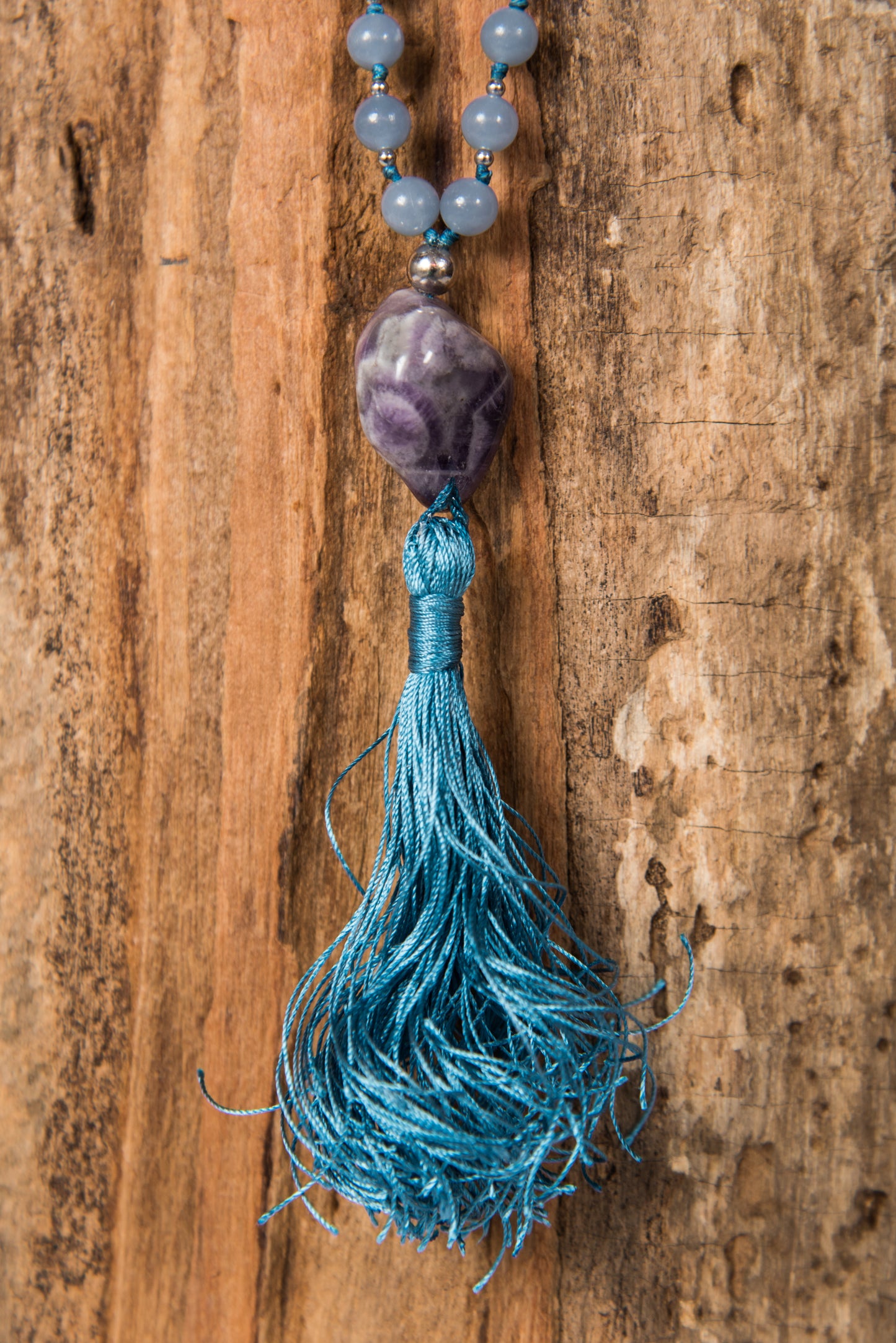 Mala in Angelite, Pietra Guru Ametista, Argento 925