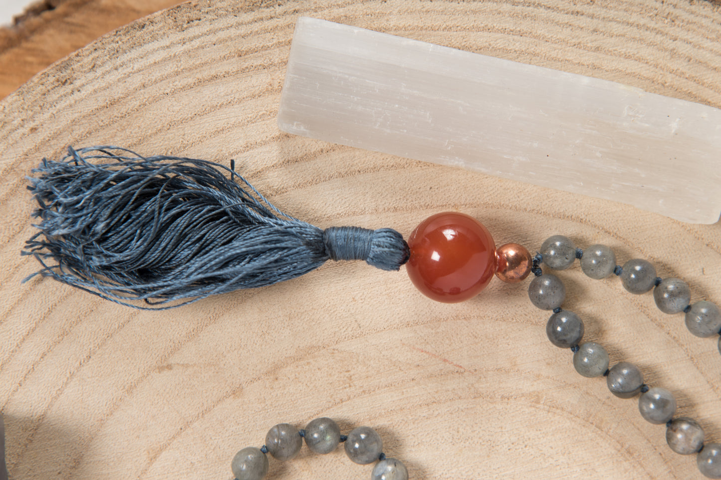 Mala in Labradorite, Pietra Guru Agata rossa e Rame