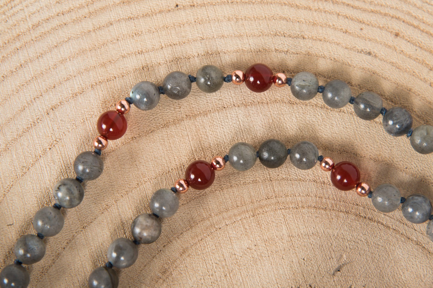 Mala in Labradorite, Pietra Guru Agata rossa e Rame