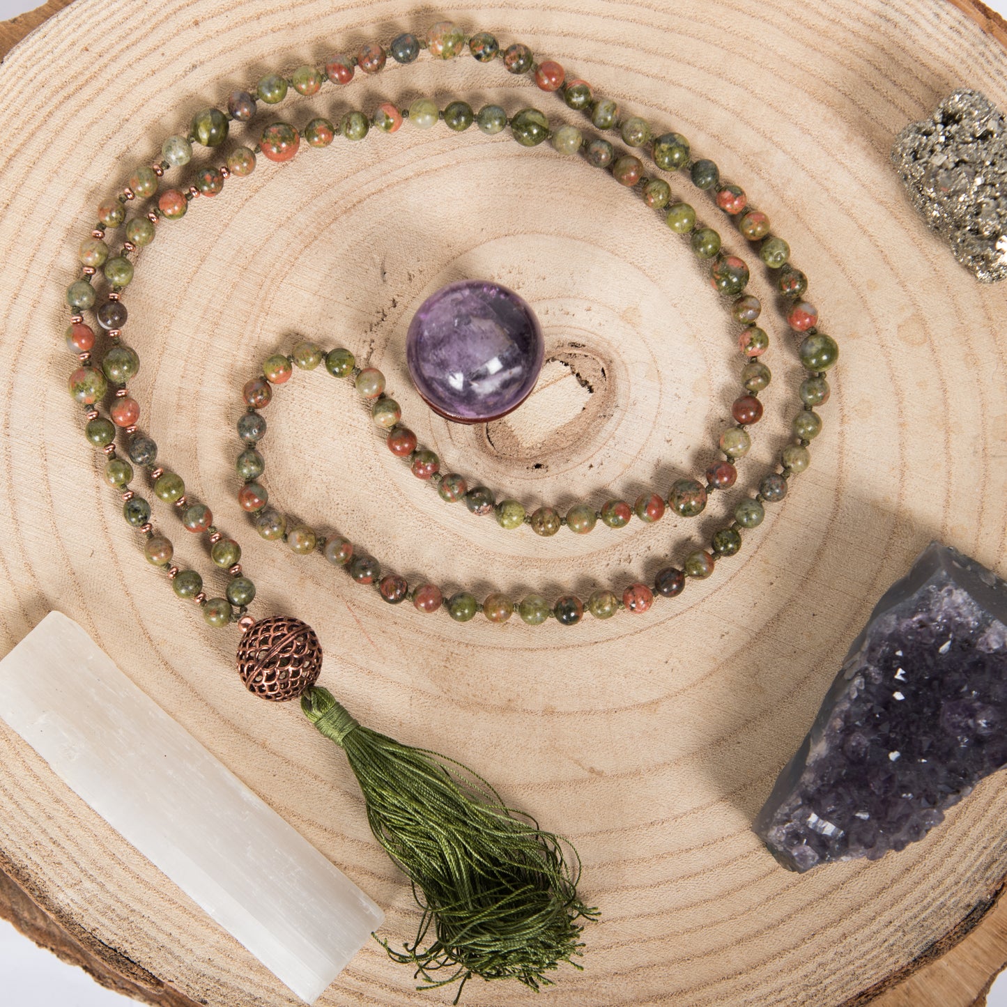 Mala in Unakite, Perla Guru in Rame