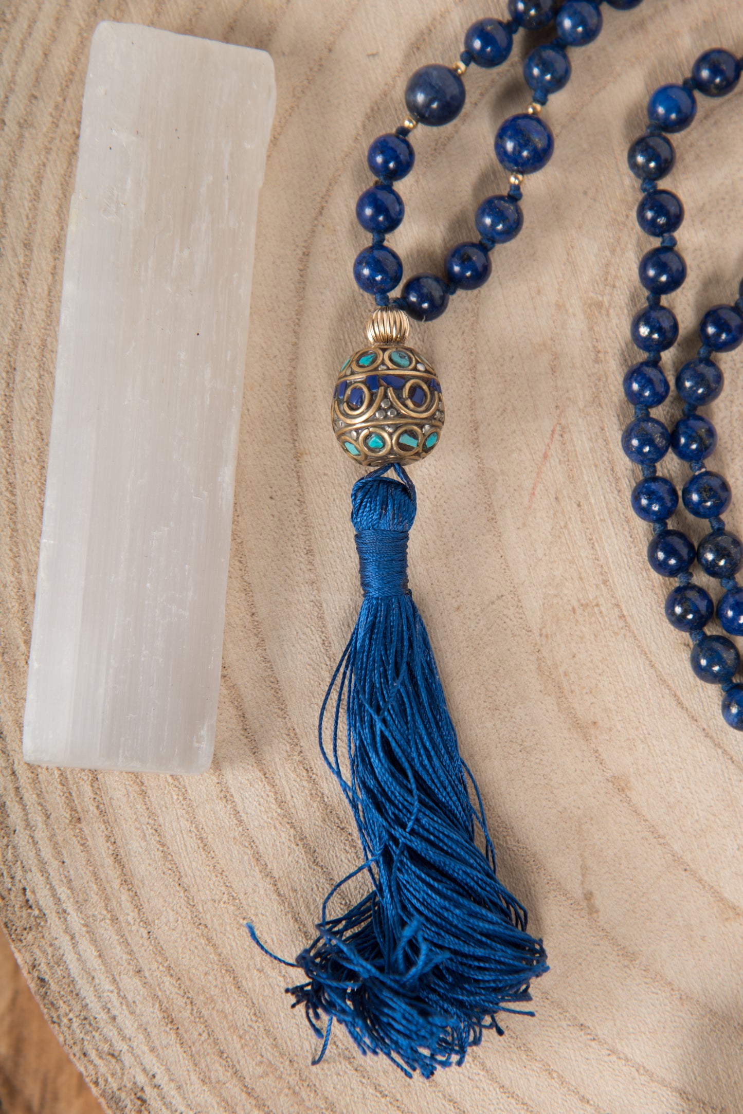 Mala in Lapislazzuli, Pietra guru Perla Tibetana, Argento dorato 925, Placcato Oro 14 kt