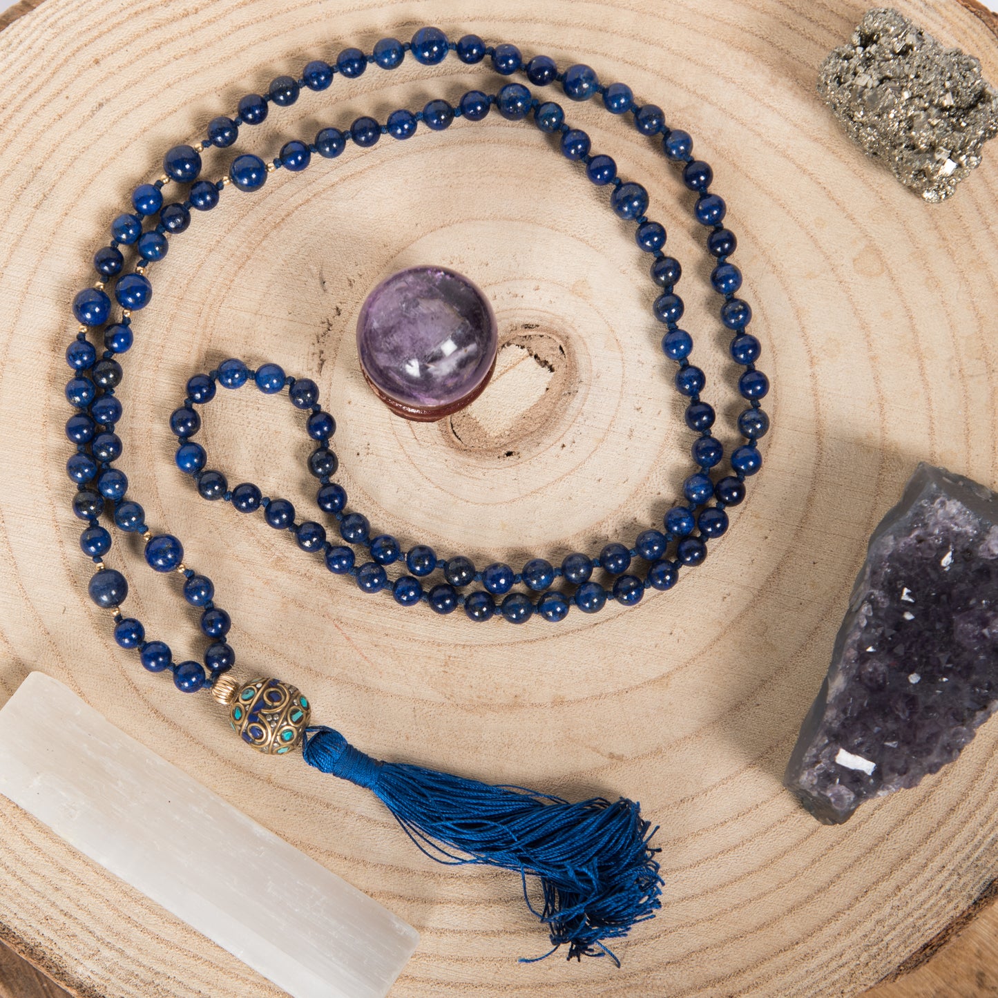 Mala in Lapislazzuli, Pietra guru Perla Tibetana, Argento dorato 925, Placcato Oro 14 kt