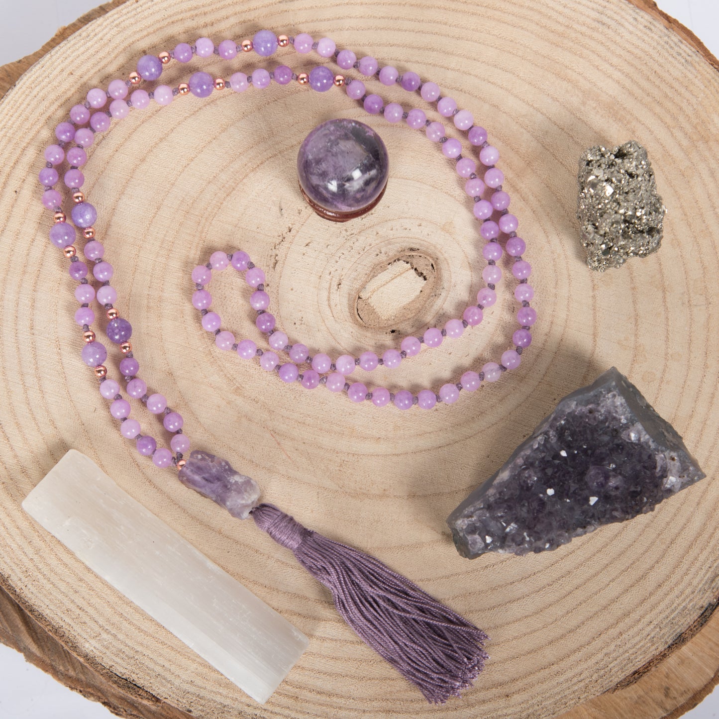 Mala in Ametista lavanda, Pietra Guru Ametista e Rame