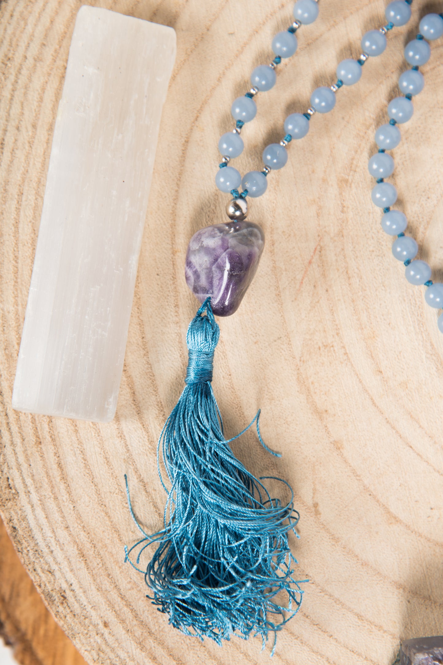 Mala in Angelite, Pietra Guru Ametista, Argento 925