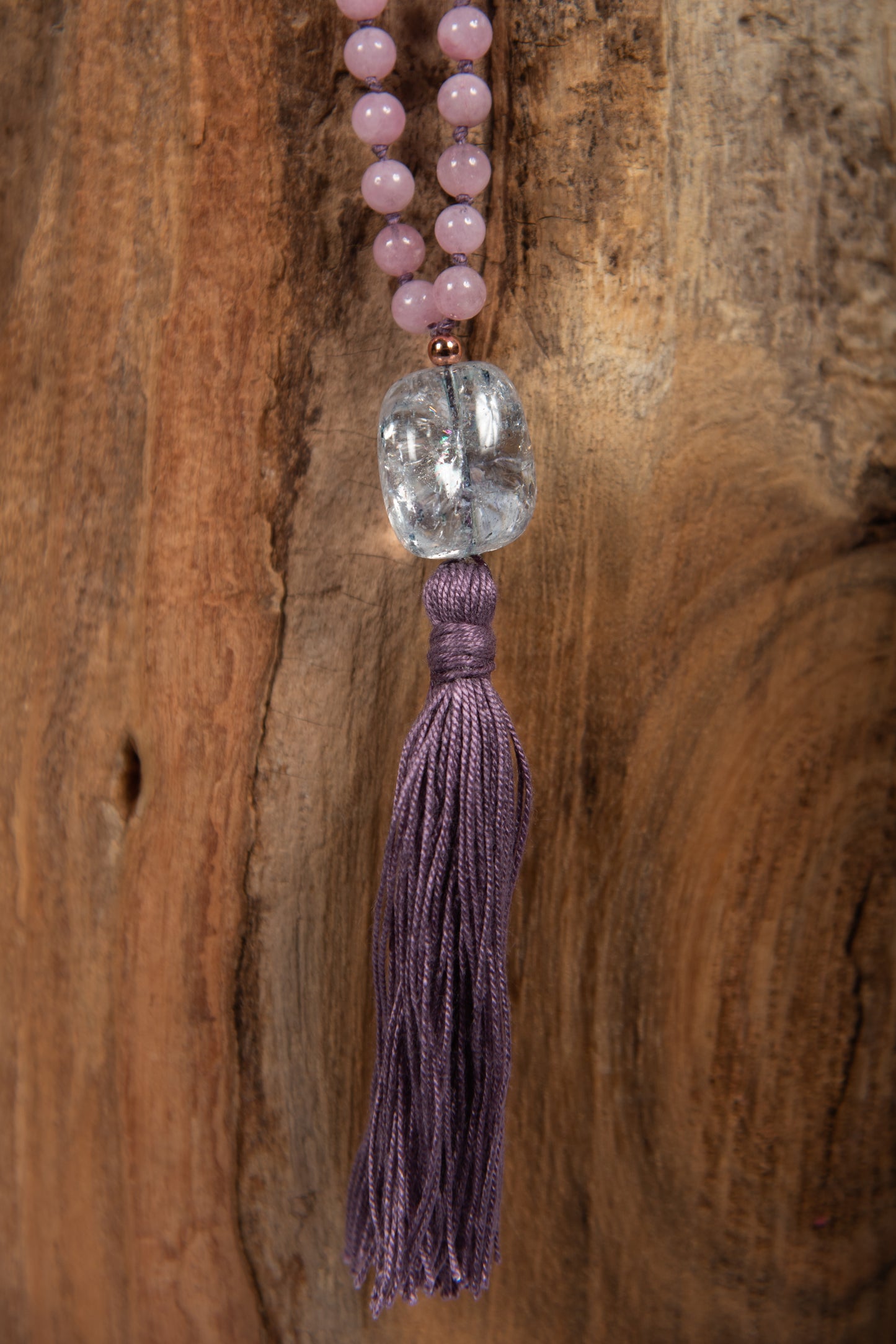 Mala 108 in pietra dura di Kunzite, Pietra Guru Quarzo crepitante e Rame
