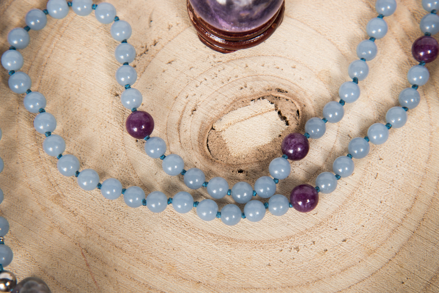 Mala in Angelite, Pietra Guru Ametista, Argento 925