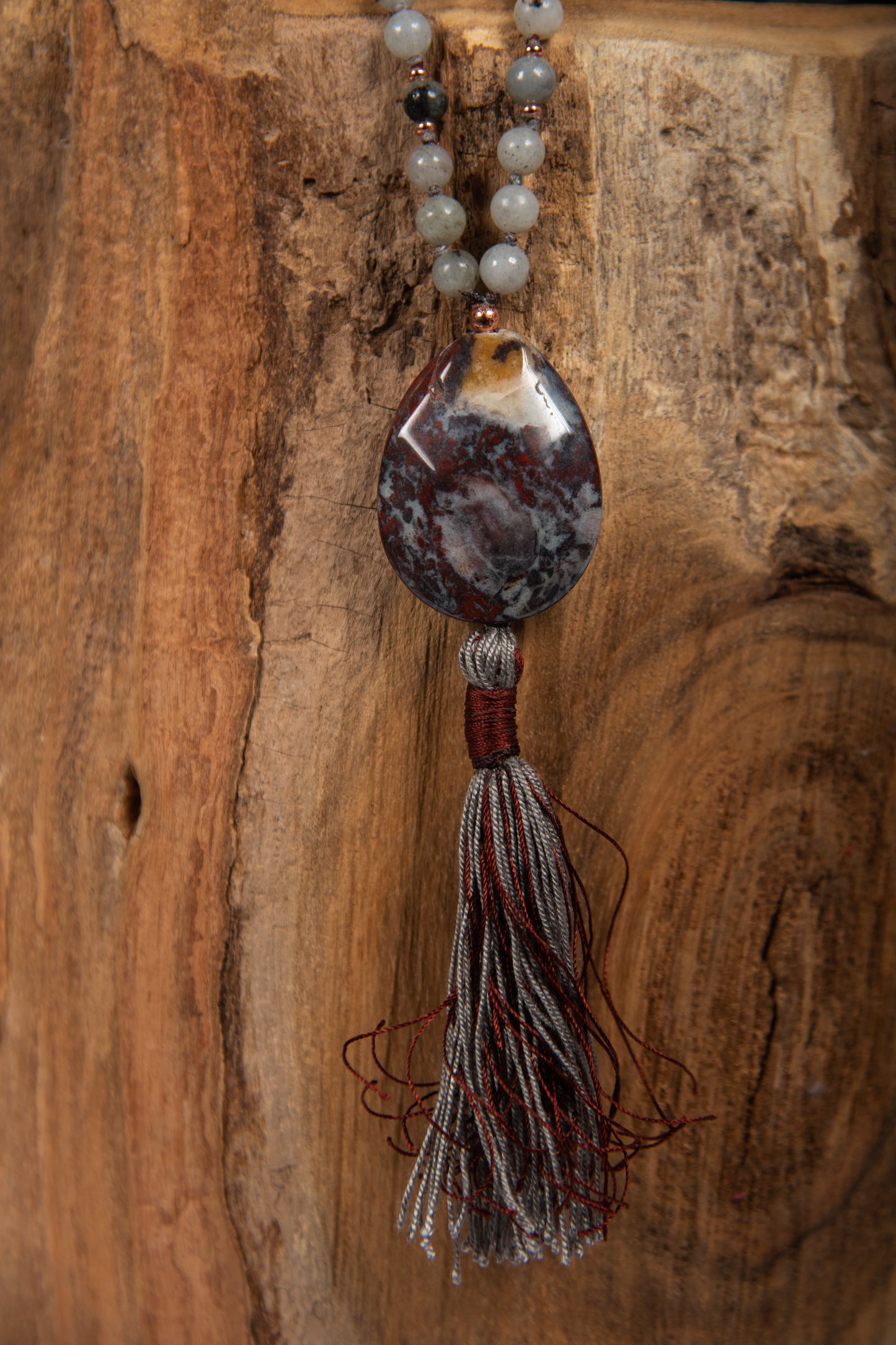 Mala in Pietra di luna arcobaleno Labradorite, Pietra guru Diaspro brecciato, Rame