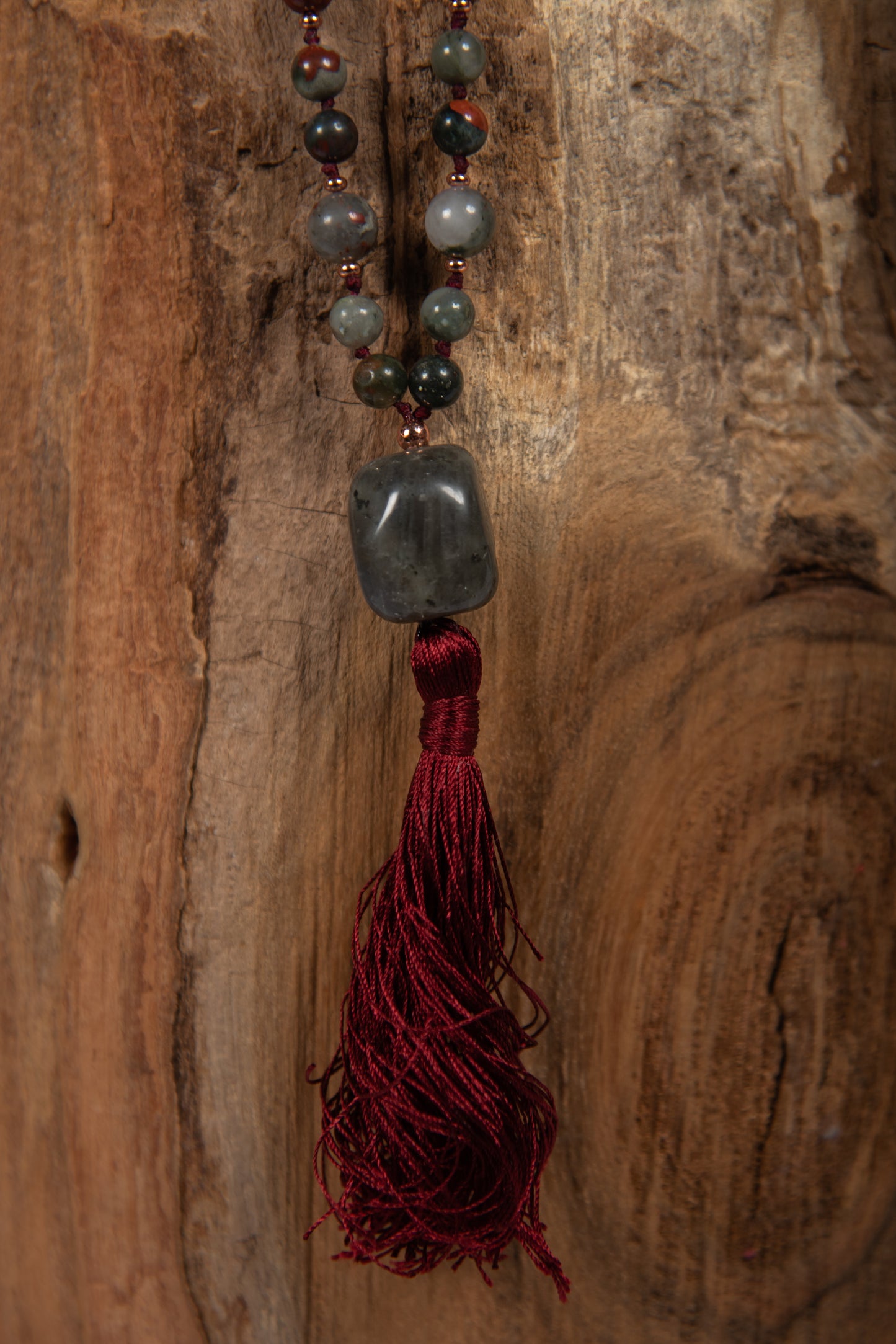 Mala con pietre dure naturali di Eliotropio Diaspro Sanguigno, Pietra Guru Labradorite, Rame