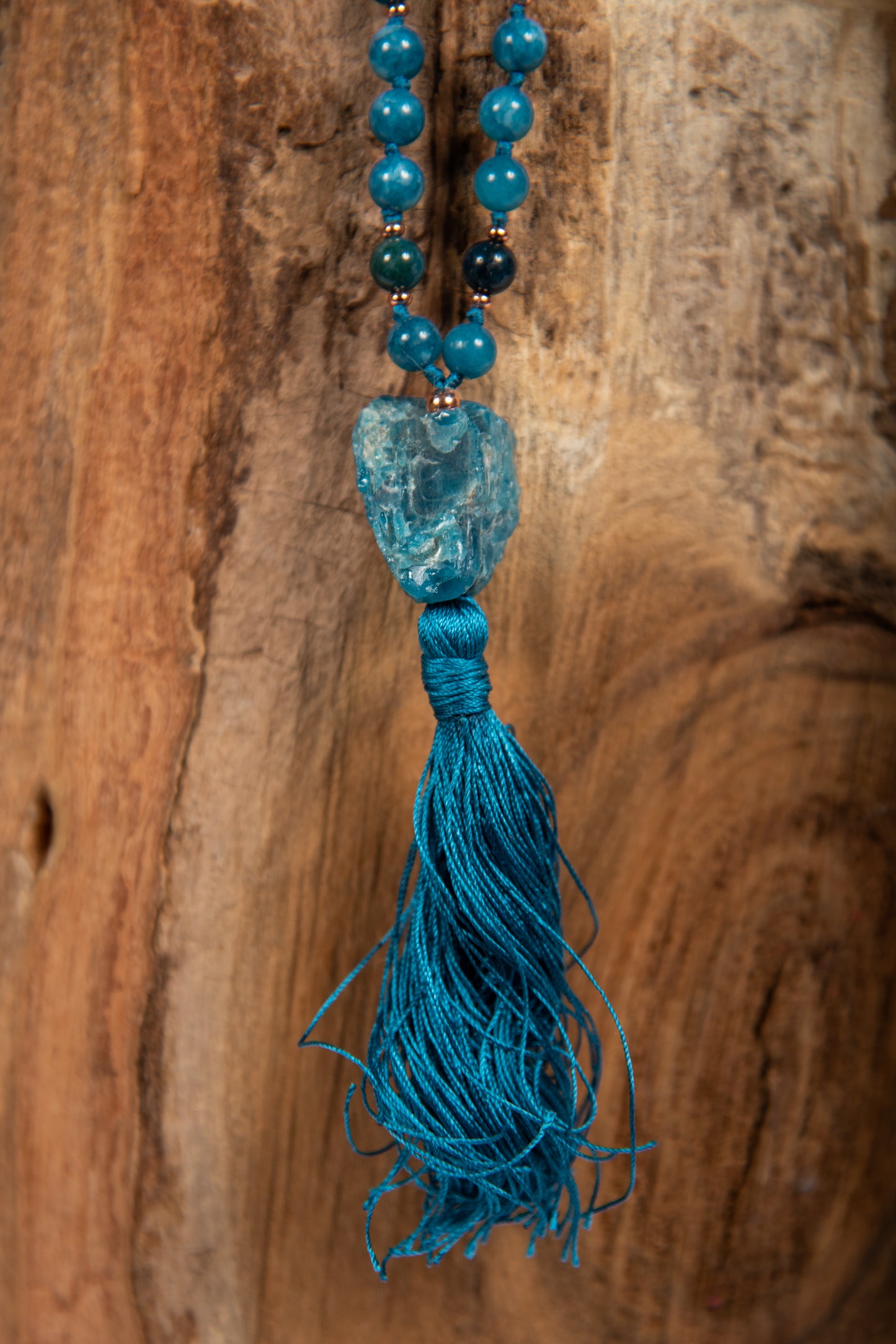 Mala da meditazione in Apatite, Pietra Guru Apatite e Rame