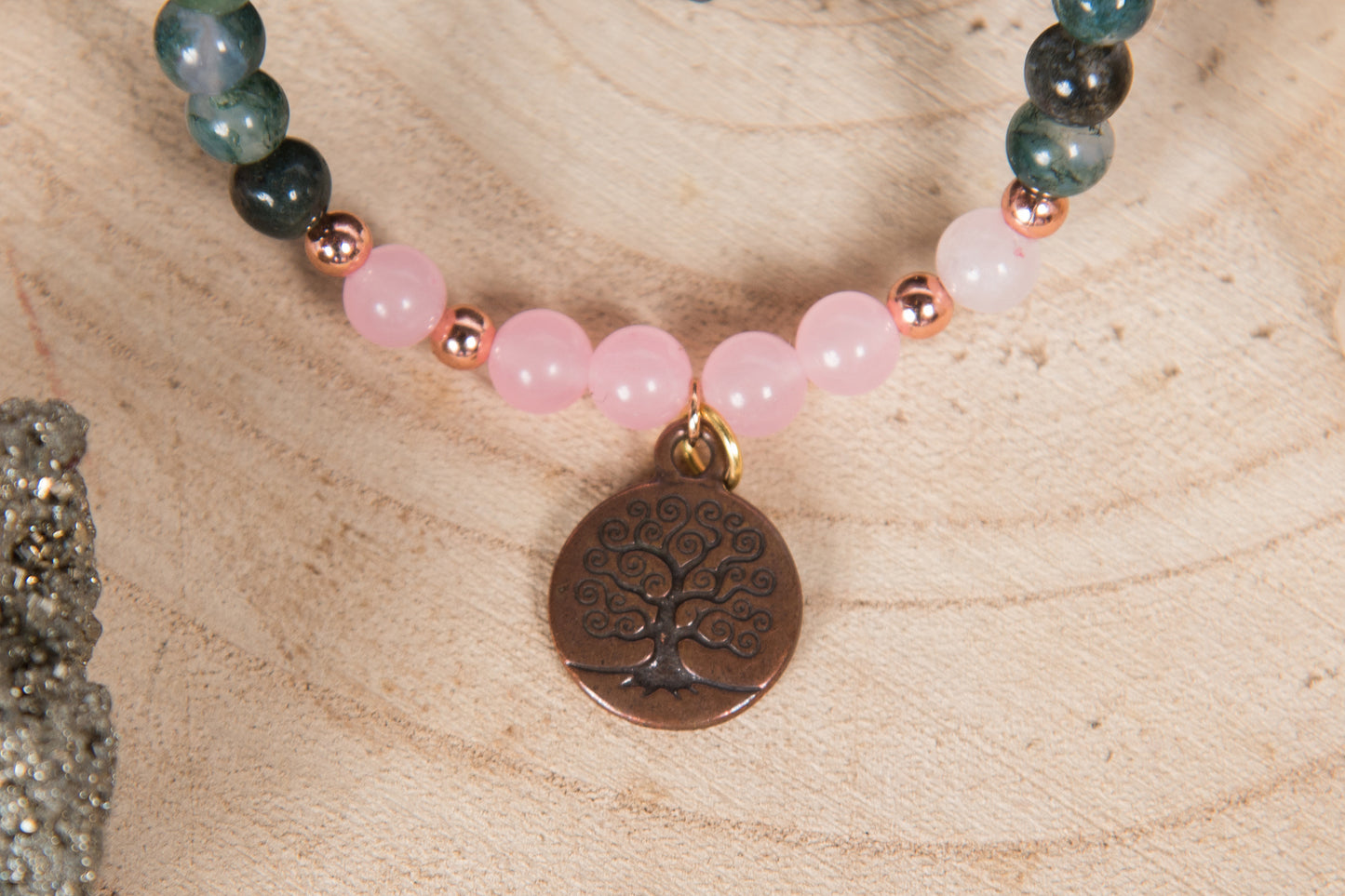 Agata muschiata, Quarzo rosa, Charm  Albero della Vita in Rame