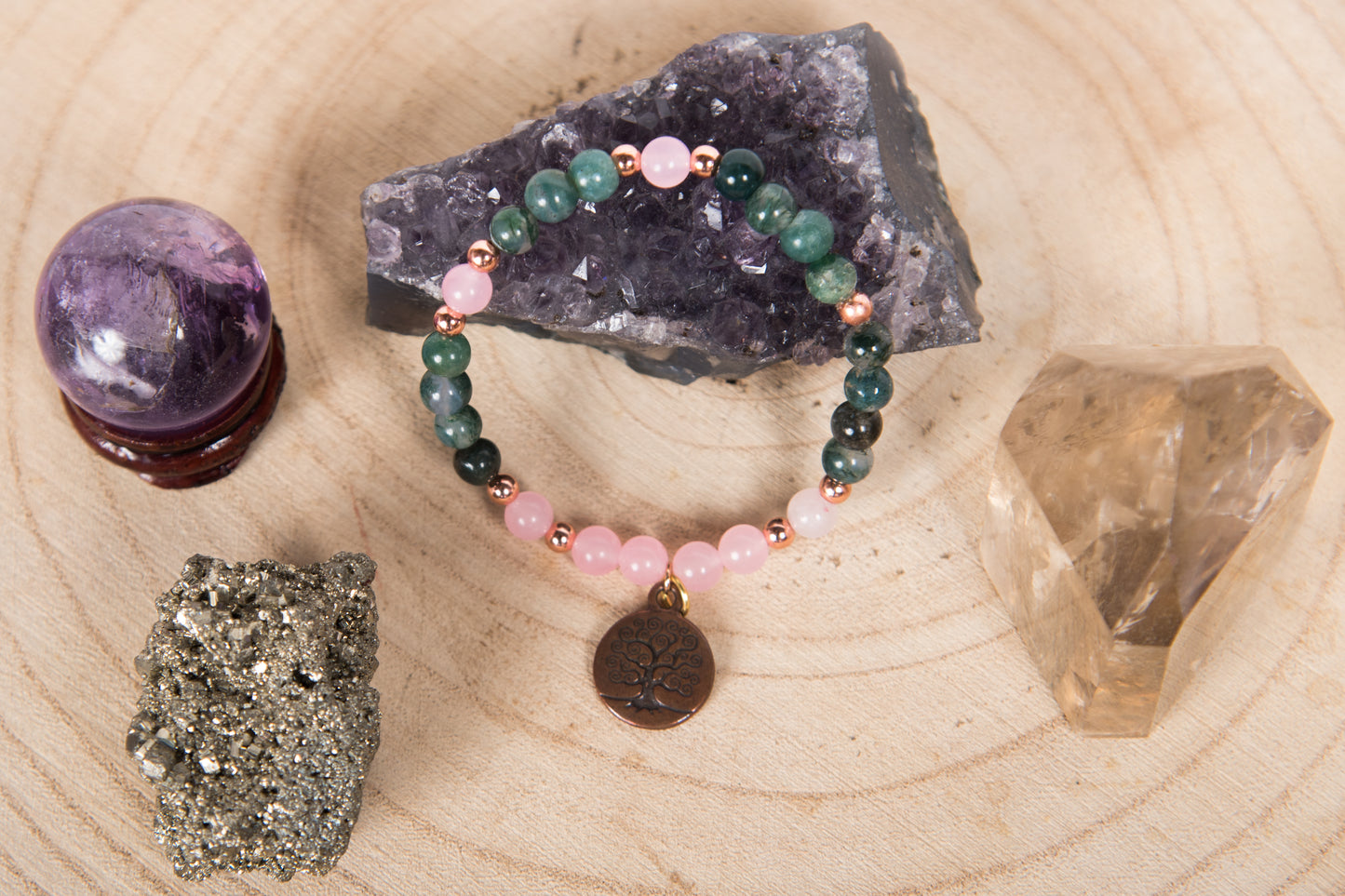 Agata muschiata, Quarzo rosa, Charm  Albero della Vita in Rame
