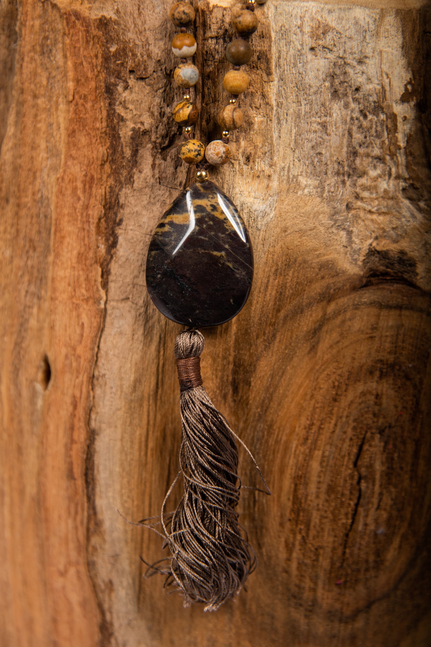 Mala per meditare con pietre dure naturali in Diaspro paesaggio, Pietra Guru in diaspro, Rame