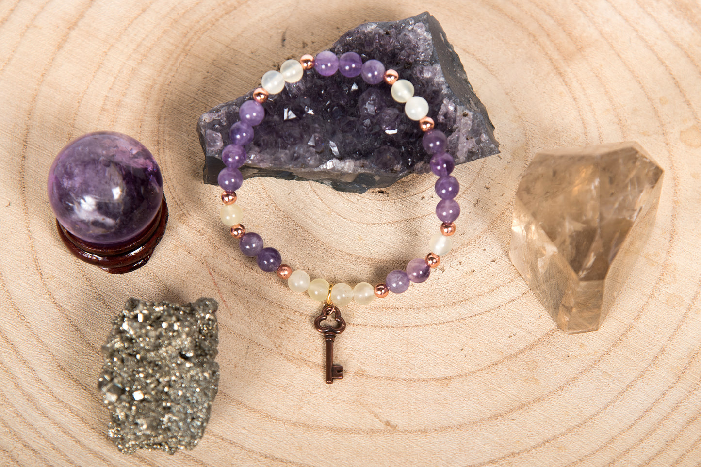 Giadeite, Ametista Lavanda, Charm Chiave in Rame