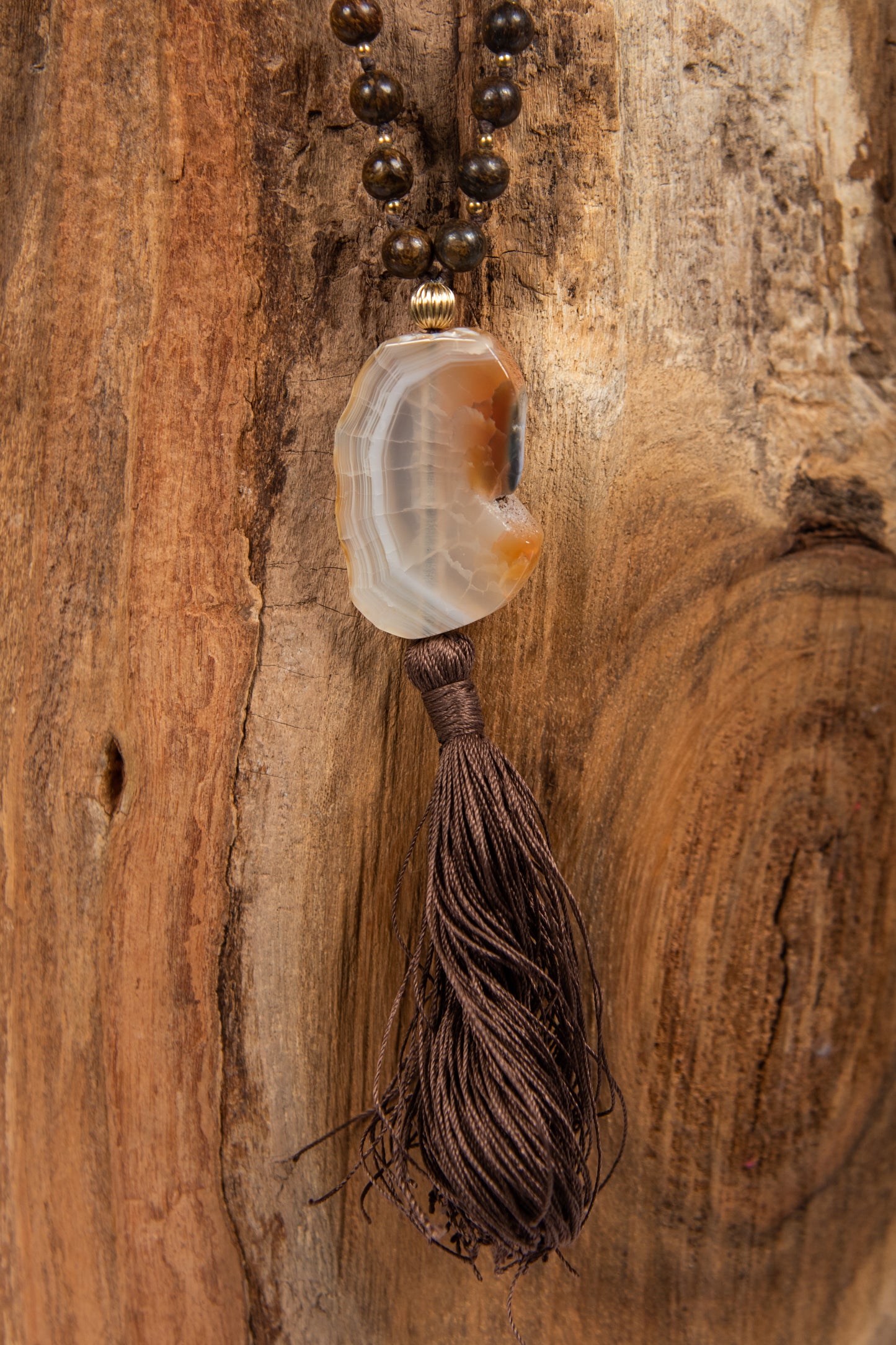 Mala Bronzite, Pietra guru Agata, Argento dorato 925, Placcato Oro 14 kt