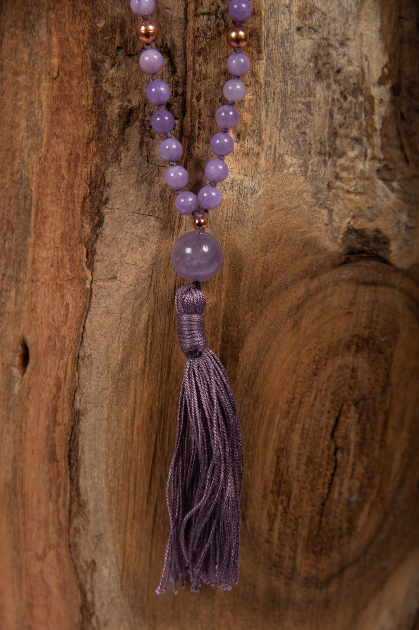 Mala collana con pietre naturali di Kunzite, Pietra Guru Ametista lavanda, Rame