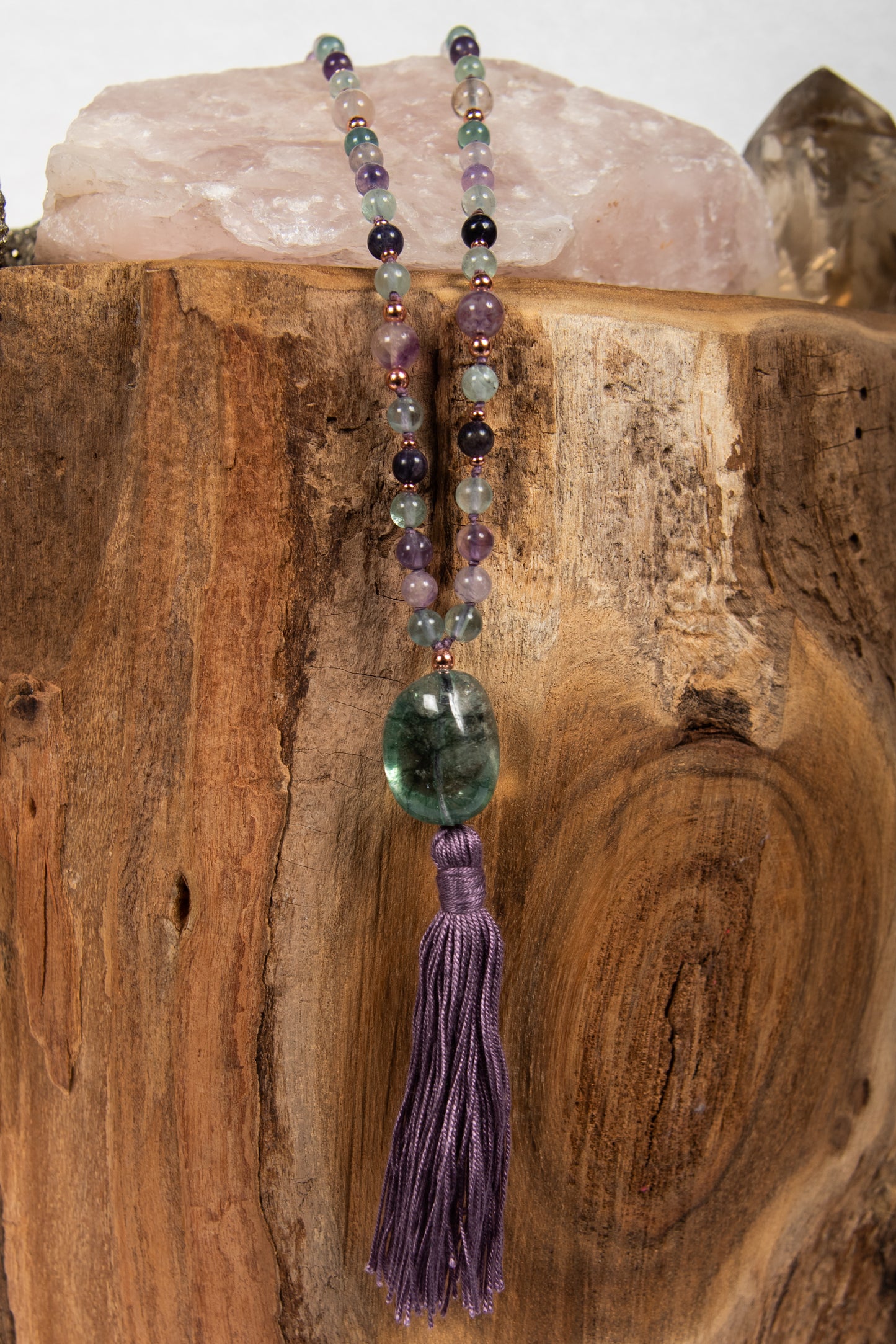 Mala 108 da meditazione in Fluorite, Pietra Guru Fluorite, Rame