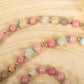 Mala da meditazione in Diaspro imperiale, Rodonite, Pietra Guru Quarzo rosa e Rame