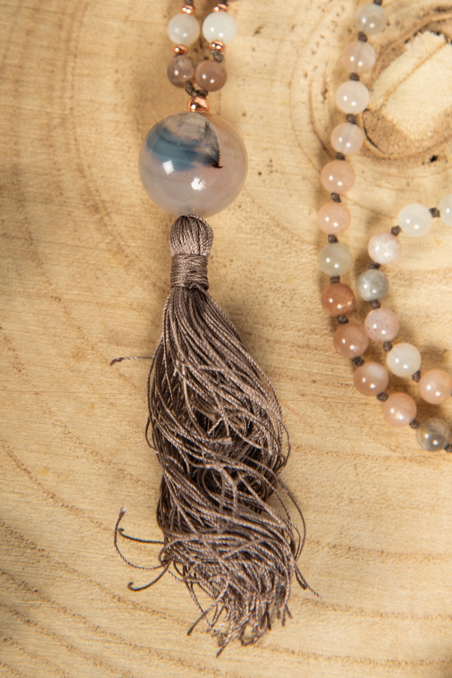 Mala collana 108 in Pietra di luna, Pietra Guru Agata, Rame