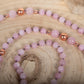Mala 108 in pietra dura di Kunzite, Pietra Guru Quarzo crepitante e Rame