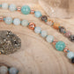 Mala con pietre dure naturali di Amazzonite multicolore, Pietra guru Agata, Rame