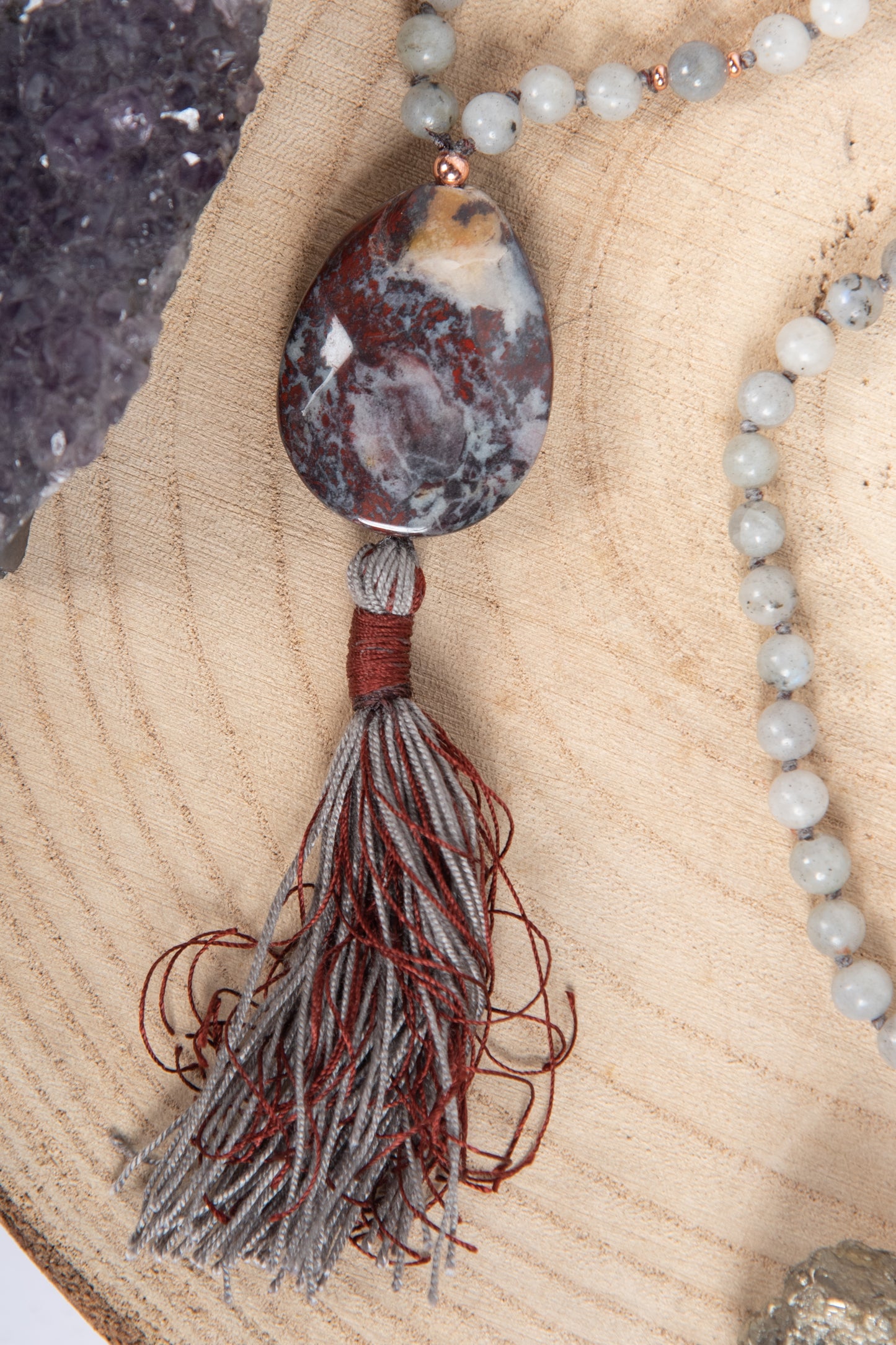 Mala in Pietra di luna arcobaleno Labradorite, Pietra guru Diaspro brecciato, Rame