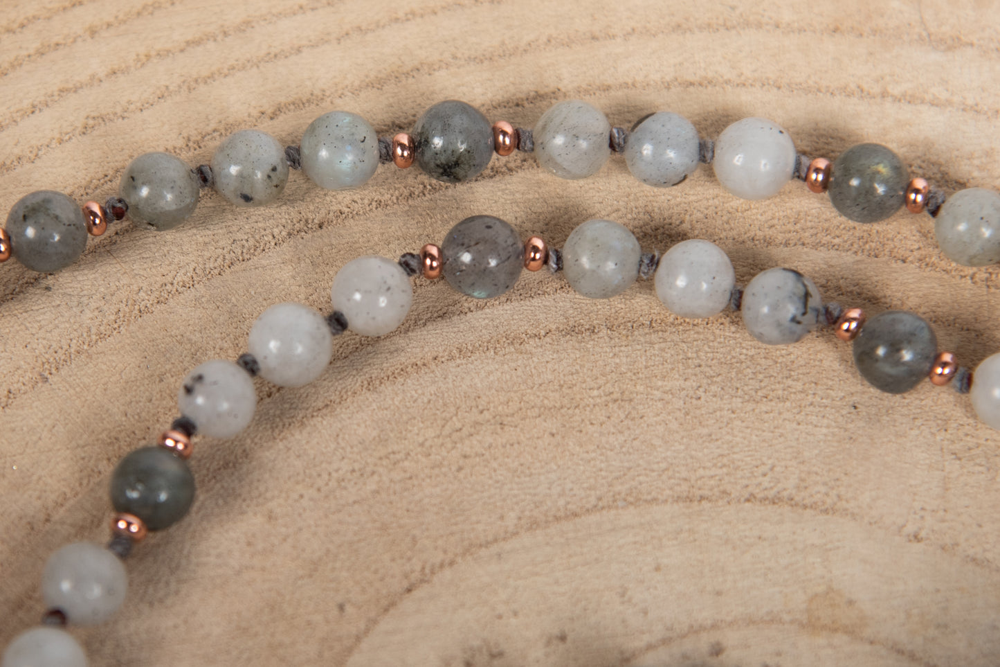 Mala in Pietra di luna arcobaleno Labradorite, Pietra guru Diaspro brecciato, Rame
