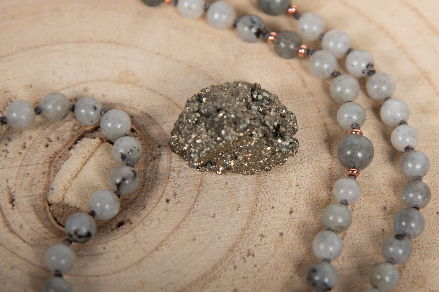 Mala in Pietra di luna arcobaleno Labradorite, Pietra guru Diaspro brecciato, Rame