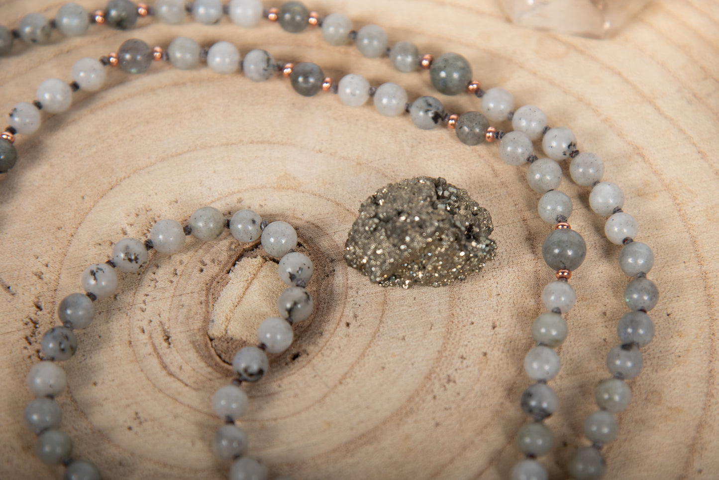 Mala in Pietra di luna arcobaleno Labradorite, Pietra guru Diaspro brecciato, Rame