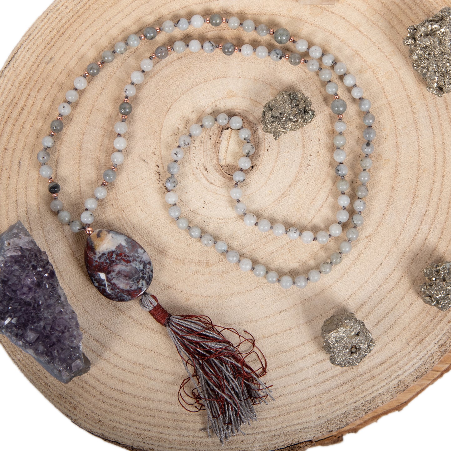 Mala in Pietra di luna arcobaleno Labradorite, Pietra guru Diaspro brecciato, Rame