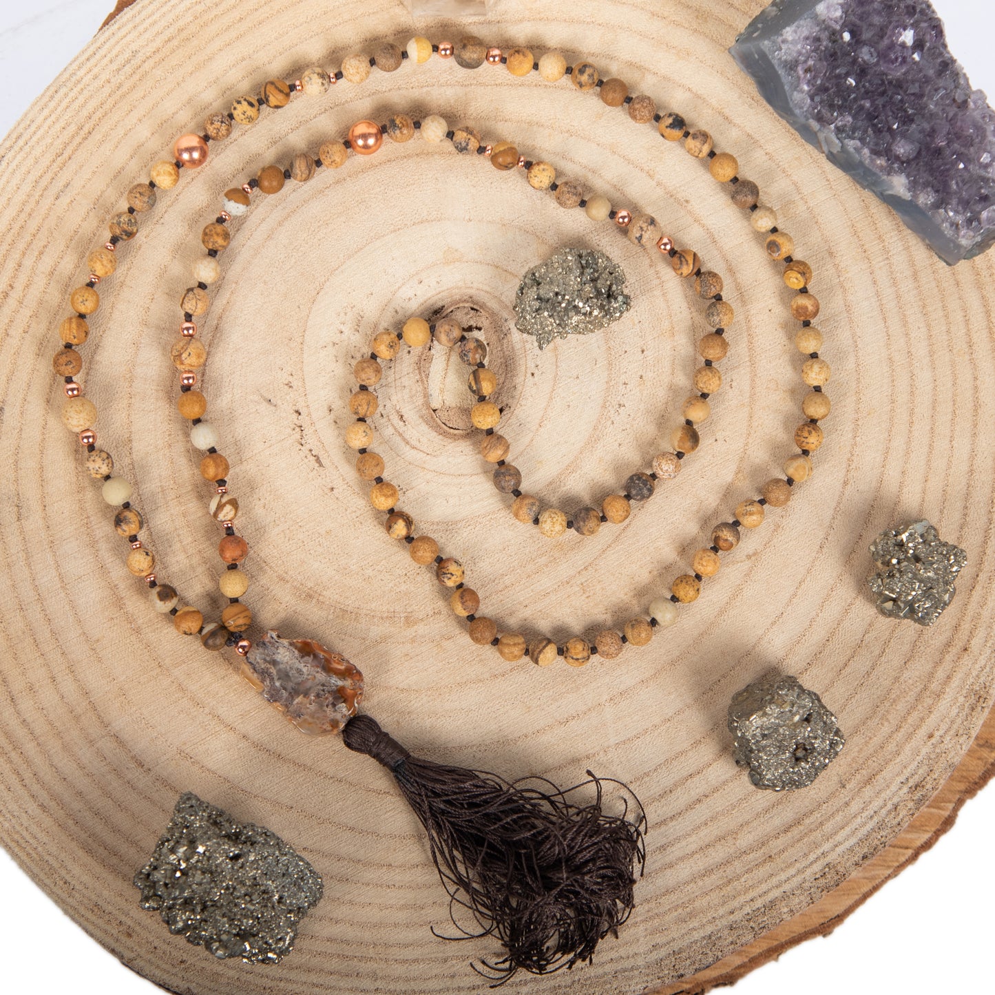 Mala fatta a mano in pietra dura naturale di Diaspro paesaggio, Pietra Guru Agata e Rame