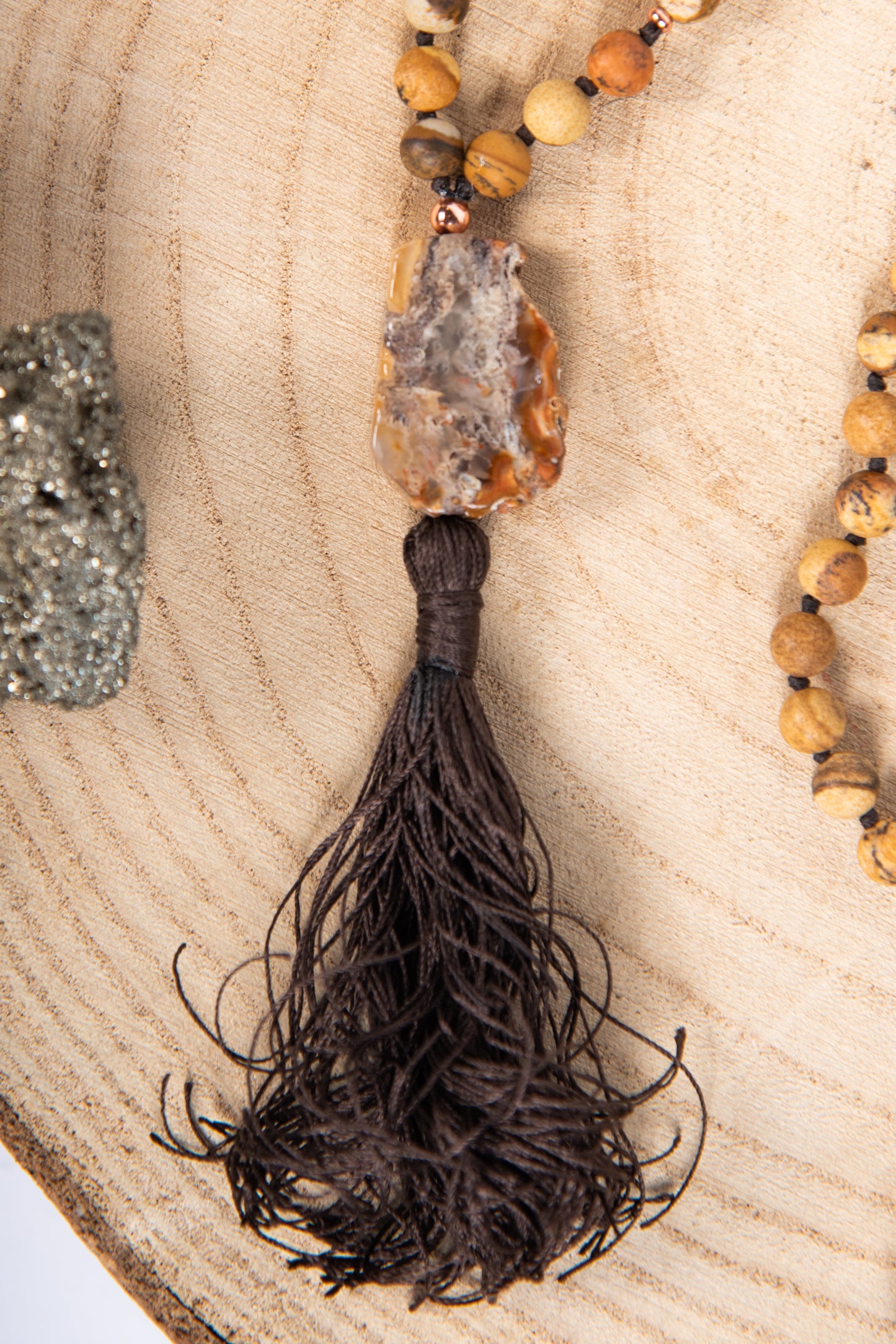 Mala fatta a mano in pietra dura naturale di Diaspro paesaggio, Pietra Guru Agata e Rame