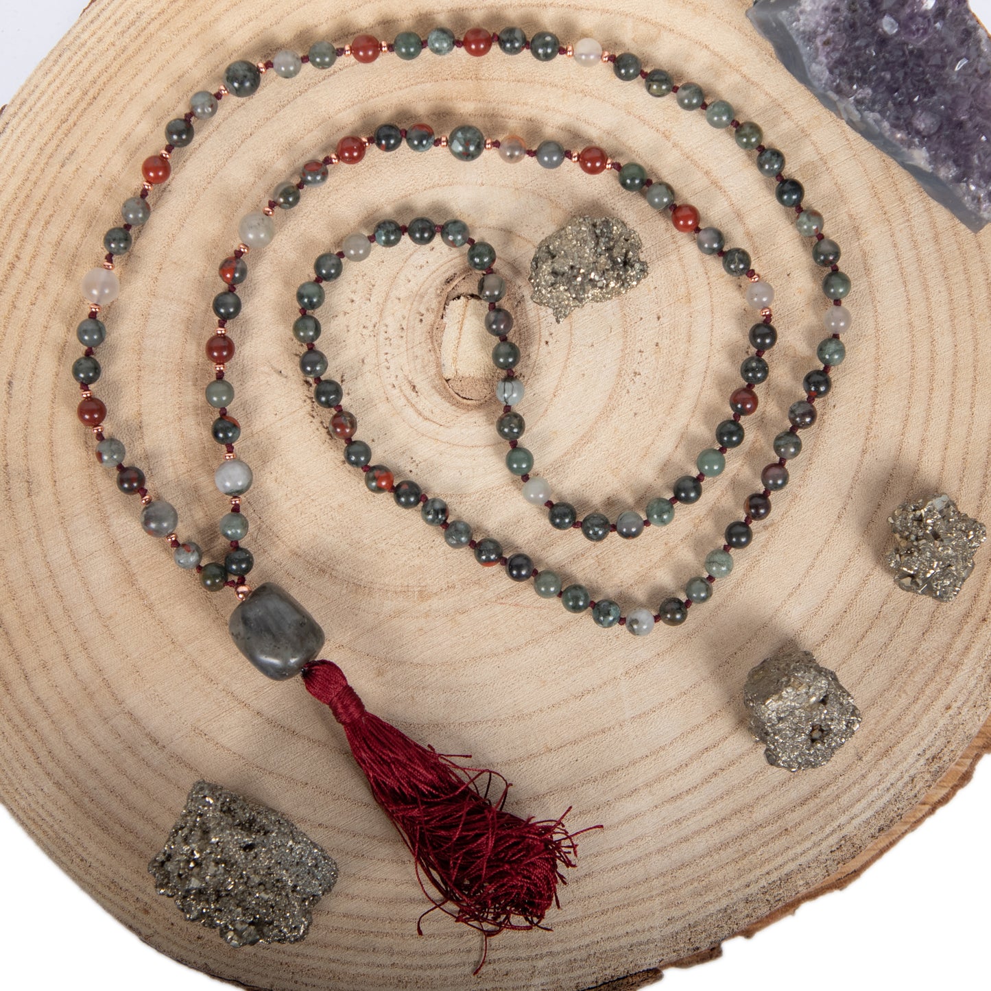 Mala con pietre dure naturali di Eliotropio Diaspro Sanguigno, Pietra Guru Labradorite, Rame